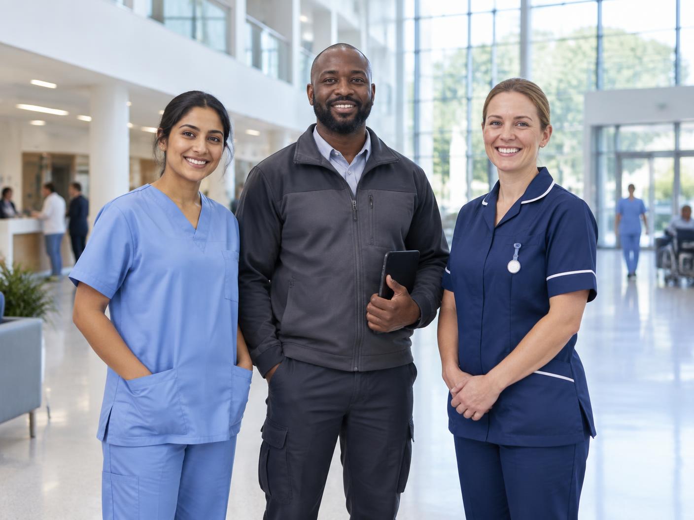 Healthcare and facilities professionals in a modern workplace